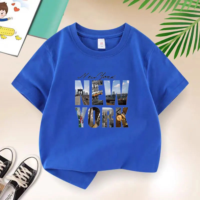 New 2025 Summer Casual Children's New York letter Teen T-shirt Boys T Shirt Boys Clothes Print Cotton T Shirts Kids Clothes