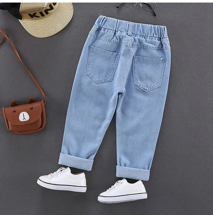 Children Jeans  Boys Cotton Print Splice Stretch Denim Pants Korean Teenage Trousers Wear Kids ClothingDenimRipped Spring Autum