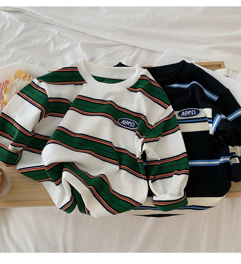 2025 Spring Autumn Kids Boys T-shirts Cotton Striped Loose Sticker Casual Long Sleeve Baby Girls Shirts Toddler Boys Tops