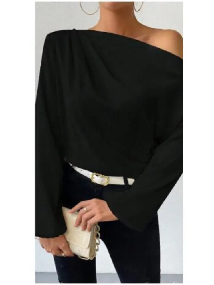 2025 Ladies Tops Women's Shirts & Blouses Long Sleeve  Sexy Solid Color One-Shoulder Elegant Blouses Foreign Style Blusas
