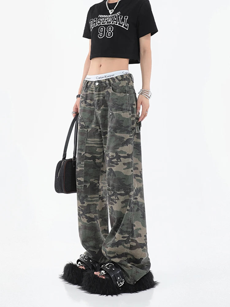 Women Fashion Camouflage Jeans Loose High Waist