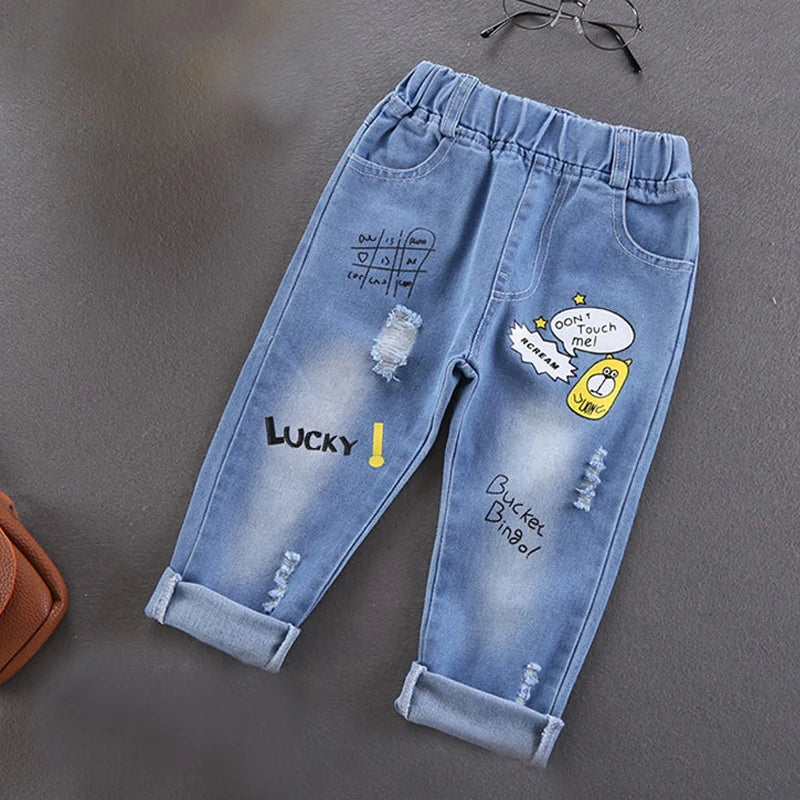 Children Jeans  Boys Cotton Print Splice Stretch Denim Pants Korean Teenage Trousers Wear Kids ClothingDenimRipped Spring Autum