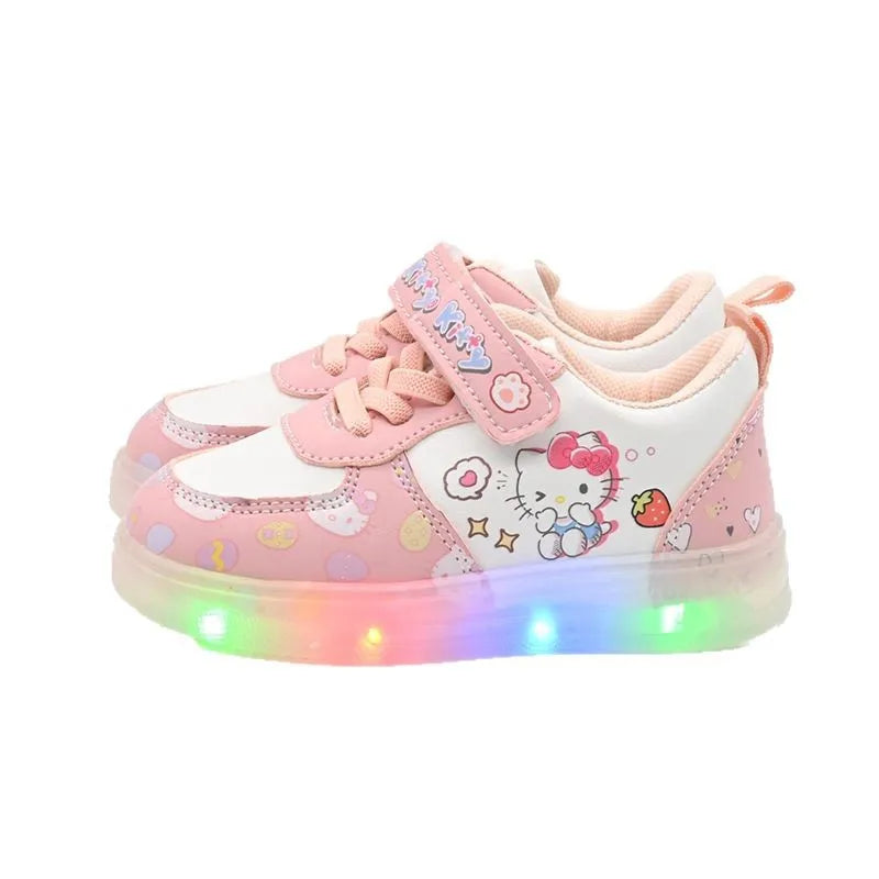 2025 LED Kids Shoes for Girls Cute Cartoon Hello Kitty Shoes Baby Girl Kawaii Canvas Shoes Soft Bottom Sneakers Casual Shoes