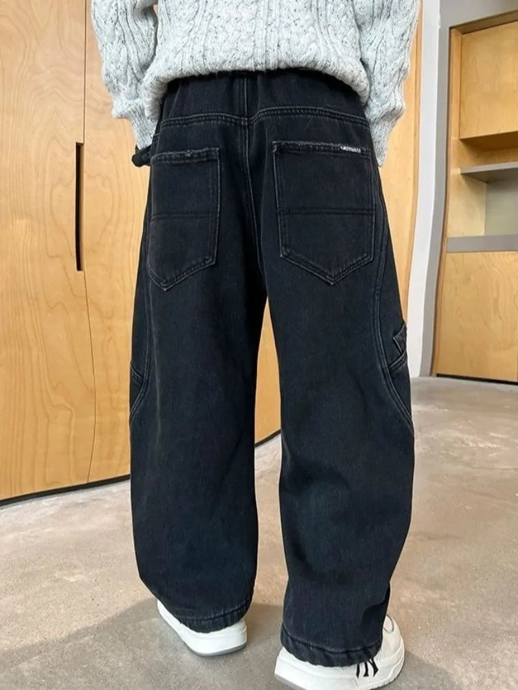 2025 New Boys' Casual Jeans for Kids 6-12 Years Old Autumn Streetwear Jeans with Rips and Rivets, Comfortable Stretchy Fabric