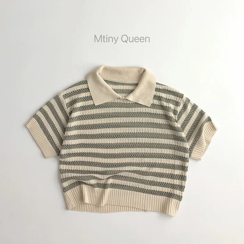 2025 Summer New Children Short Sleeve T Shirts Cotton Kids Lapel Knit Polo Shirt Boys Girls Vintage Striped T Shirts Clothes