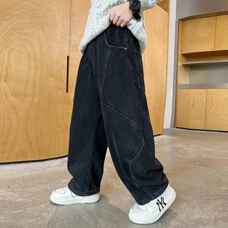 2025 New Boys' Casual Jeans for Kids 6-12 Years Old Autumn Streetwear Jeans with Rips and Rivets, Comfortable Stretchy Fabric