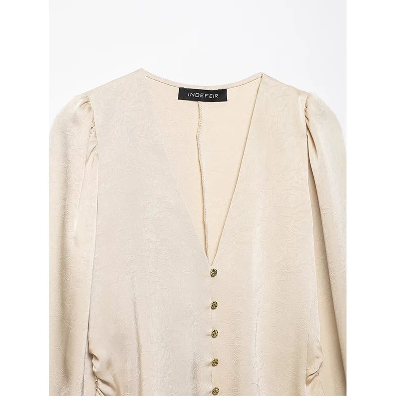 2025 Woman Blouses Wrinkle Effect Elegant Shirts for Women Autumn Long Sleeve Shirt Women Deep V neck Slim Tops Button Up Shirts