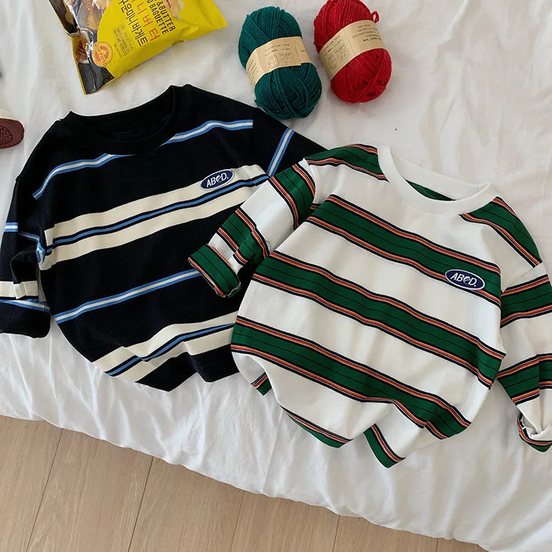 2025 Spring Autumn Kids Boys T-shirts Cotton Striped Loose Sticker Casual Long Sleeve Baby Girls Shirts Toddler Boys Tops
