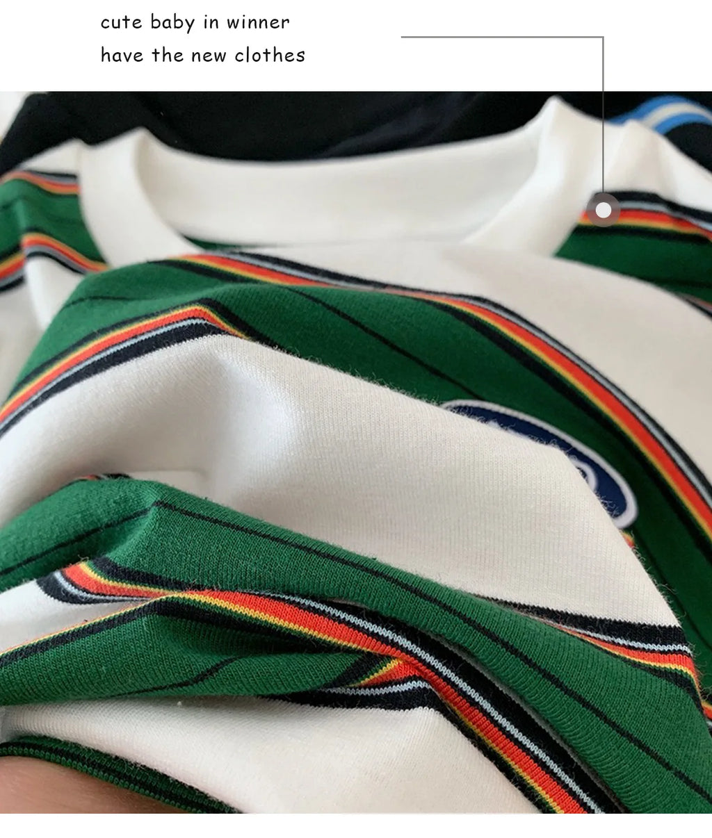 2025 Spring Autumn Kids Boys T-shirts Cotton Striped Loose Sticker Casual Long Sleeve Baby Girls Shirts Toddler Boys Tops