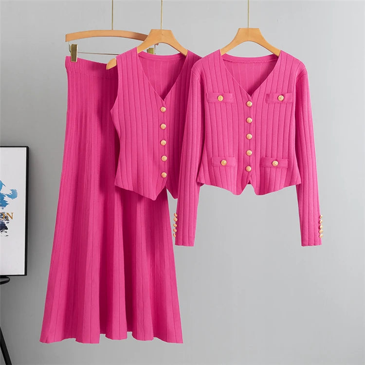 2025 Women Three Piece Sets  Kintted  Vest Pleated Skirt Spring Autumn  Cardigan Top High Waist Skirt New Elegant  Suit