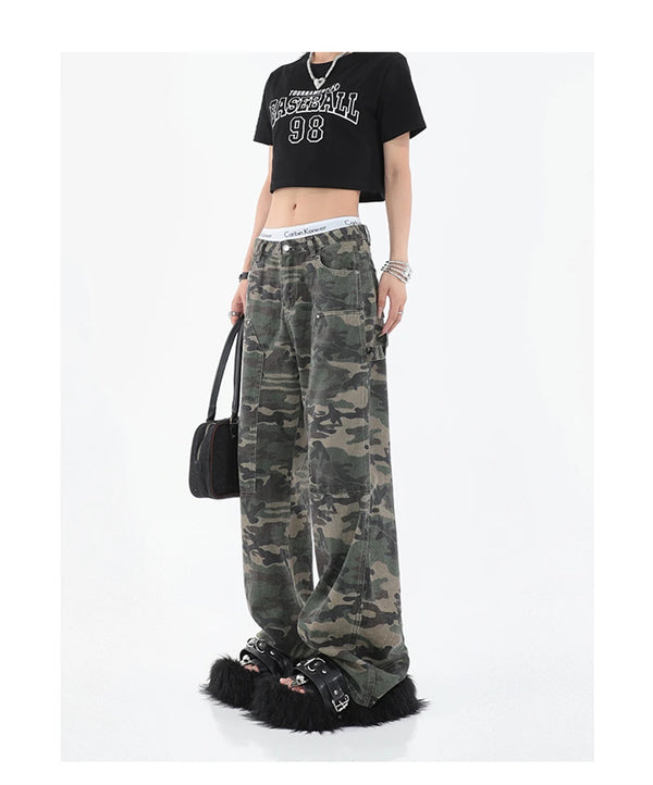 Women Fashion Camouflage Jeans Loose High Waist