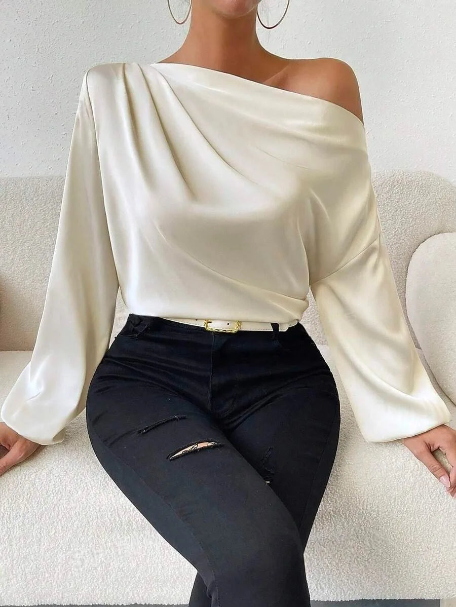 2025 Ladies Tops Women's Shirts & Blouses Long Sleeve  Sexy Solid Color One-Shoulder Elegant Blouses Foreign Style Blusas