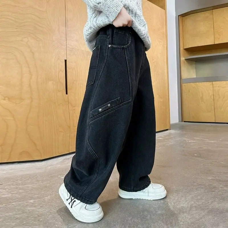 2025 New Boys' Casual Jeans for Kids 6-12 Years Old Autumn Streetwear Jeans with Rips and Rivets, Comfortable Stretchy Fabric