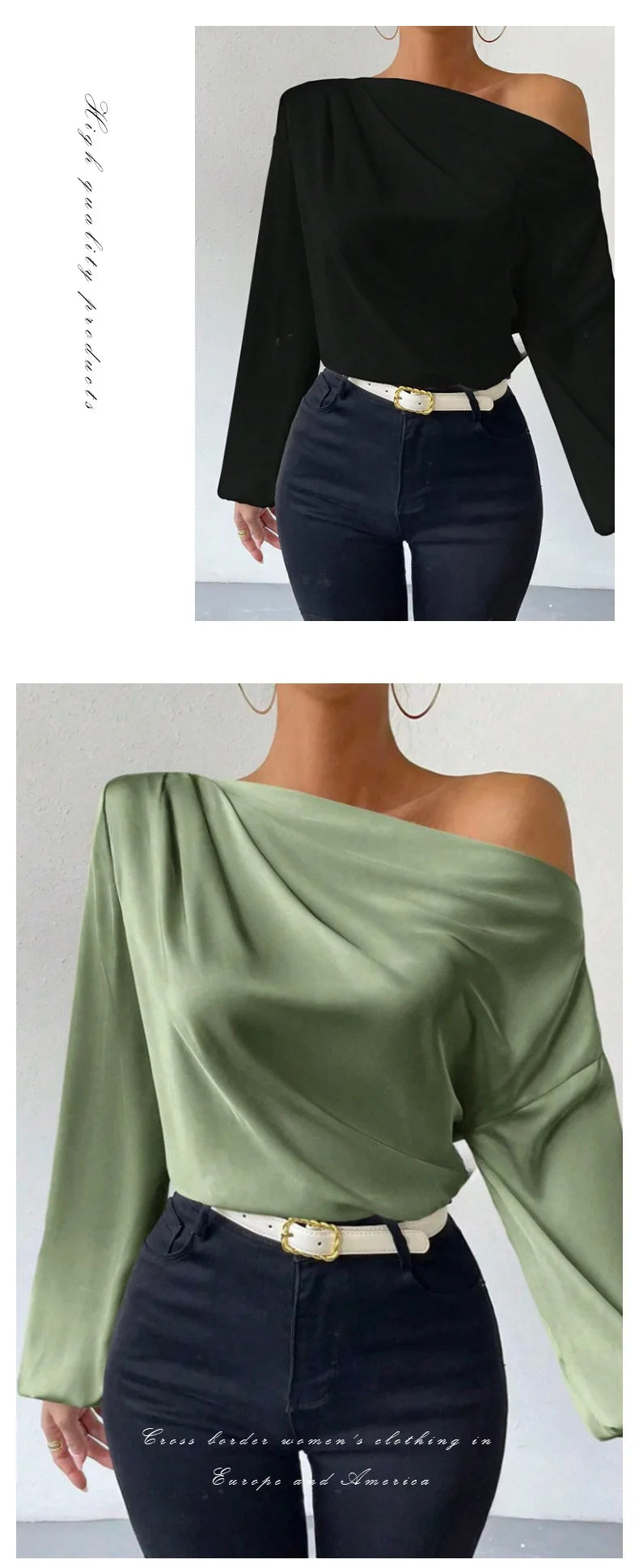 2025 Ladies Tops Women's Shirts & Blouses Long Sleeve  Sexy Solid Color One-Shoulder Elegant Blouses Foreign Style Blusas