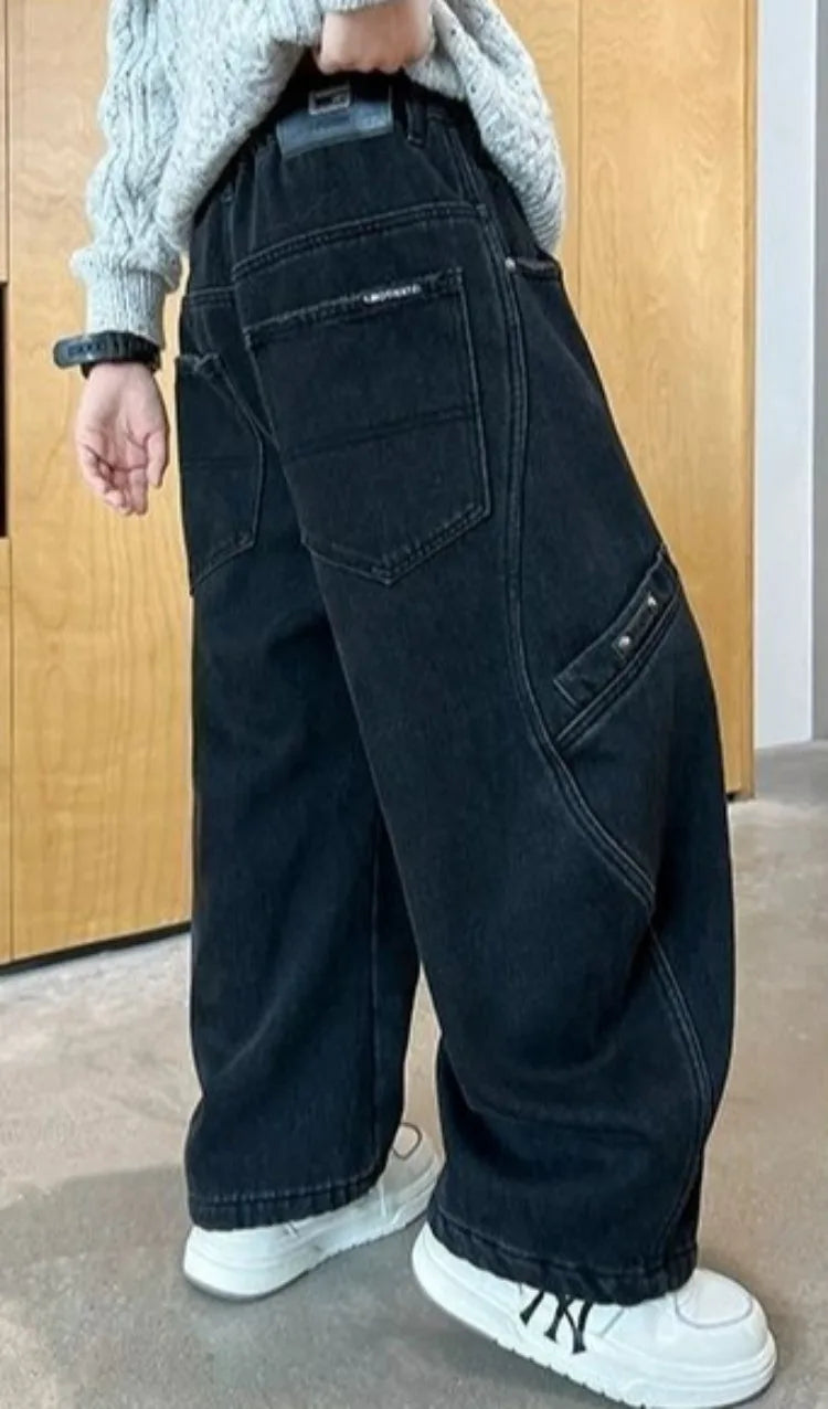 2025 New Boys' Casual Jeans for Kids 6-12 Years Old Autumn Streetwear Jeans with Rips and Rivets, Comfortable Stretchy Fabric