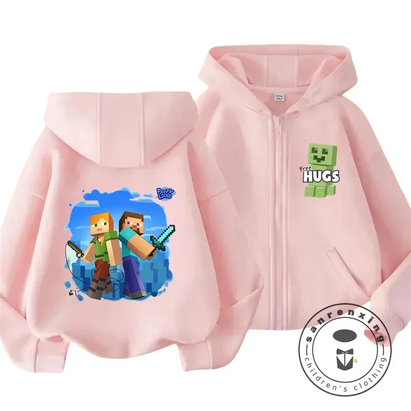 Kids Hoodie My World Print Zip Up Sweatshirt for Boys Girls Simple Solid Color HipHop Style Loose Comfy for Fall Winter Popular