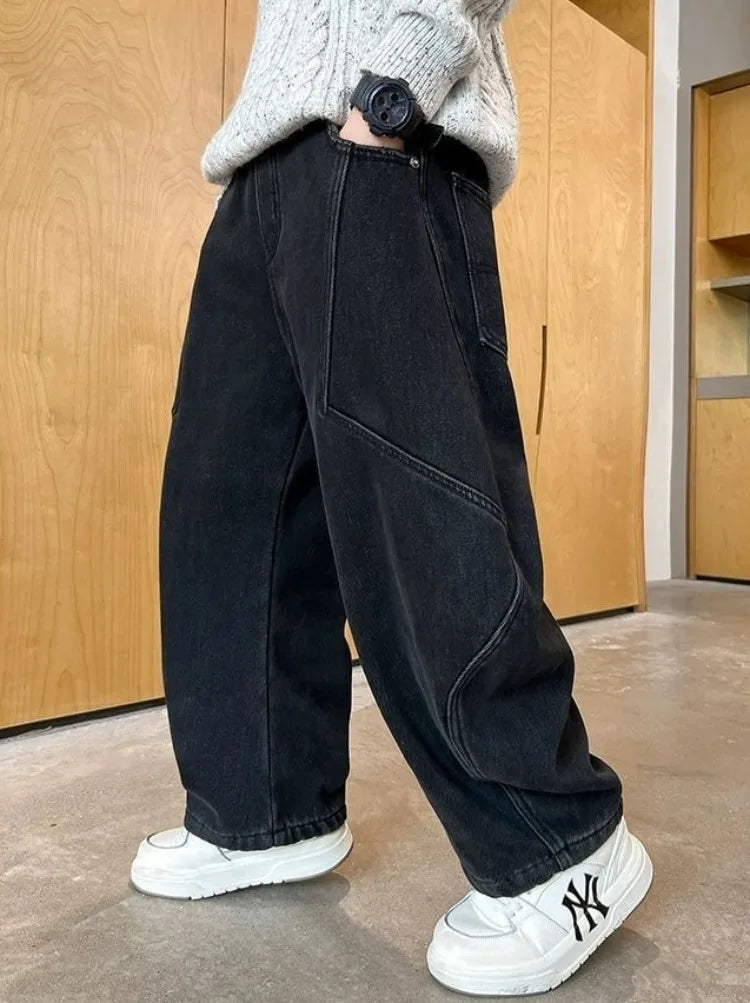 2025 New Boys' Casual Jeans for Kids 6-12 Years Old Autumn Streetwear Jeans with Rips and Rivets, Comfortable Stretchy Fabric