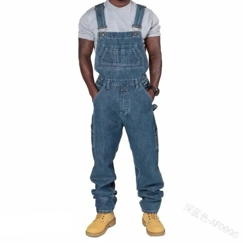 Overalls Men Pockets Casual Loose Long Denim Pants