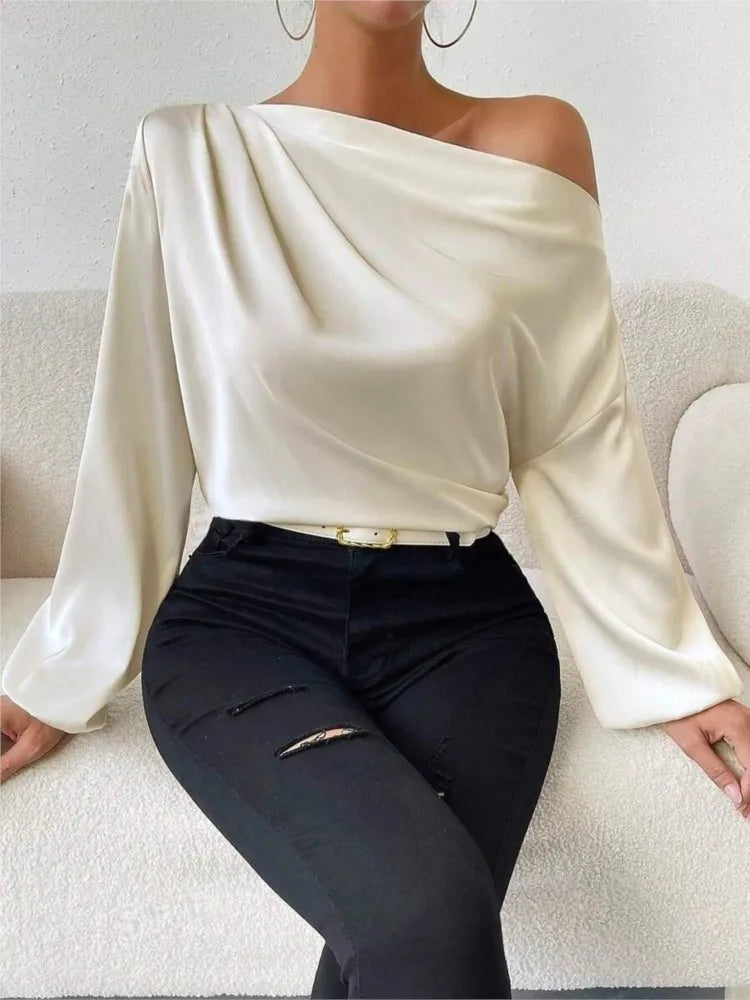 2025 Ladies Tops Women's Shirts & Blouses Long Sleeve  Sexy Solid Color One-Shoulder Elegant Blouses Foreign Style Blusas