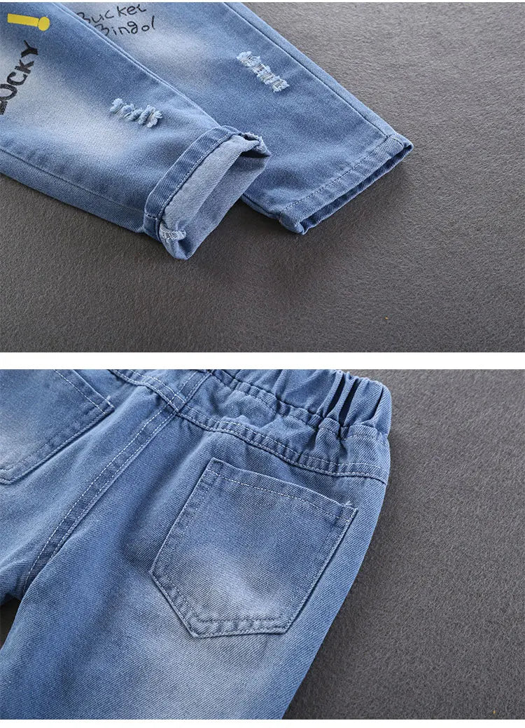 Children Jeans  Boys Cotton Print Splice Stretch Denim Pants Korean Teenage Trousers Wear Kids ClothingDenimRipped Spring Autum