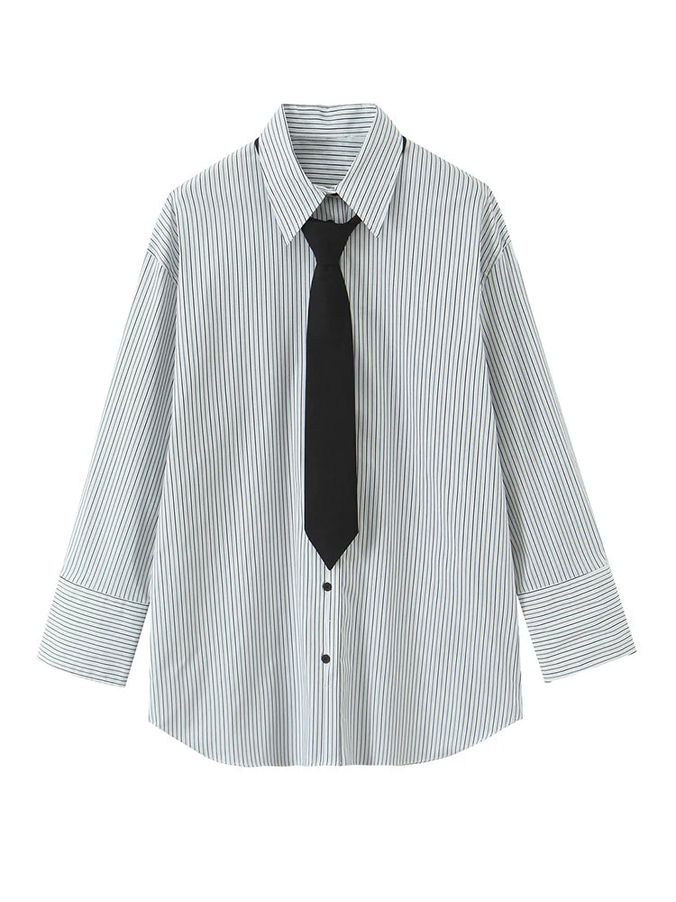 Women Shirt 2025 Women Autumn New Fashion Long Sleeves Button Striped Print Shirt With Tie Women Elegant Leisure Shirt