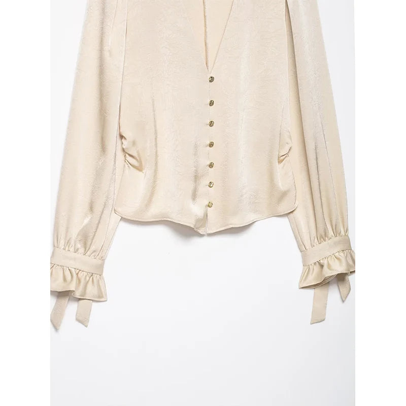 2025 Woman Blouses Wrinkle Effect Elegant Shirts for Women Autumn Long Sleeve Shirt Women Deep V neck Slim Tops Button Up Shirts