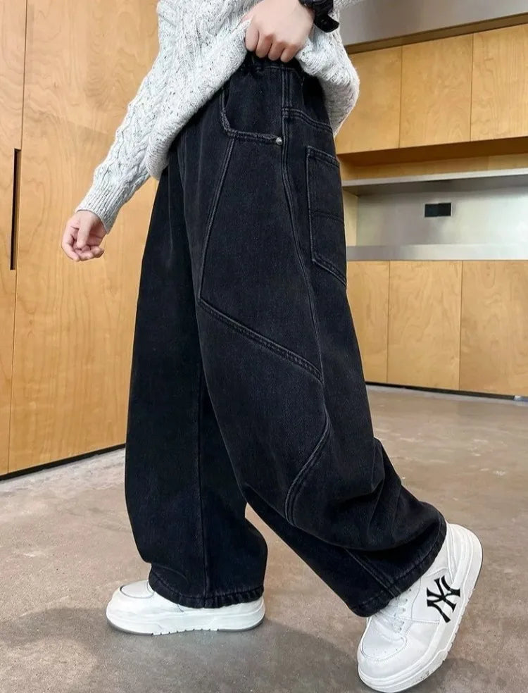 2025 New Boys' Casual Jeans for Kids 6-12 Years Old Autumn Streetwear Jeans with Rips and Rivets, Comfortable Stretchy Fabric