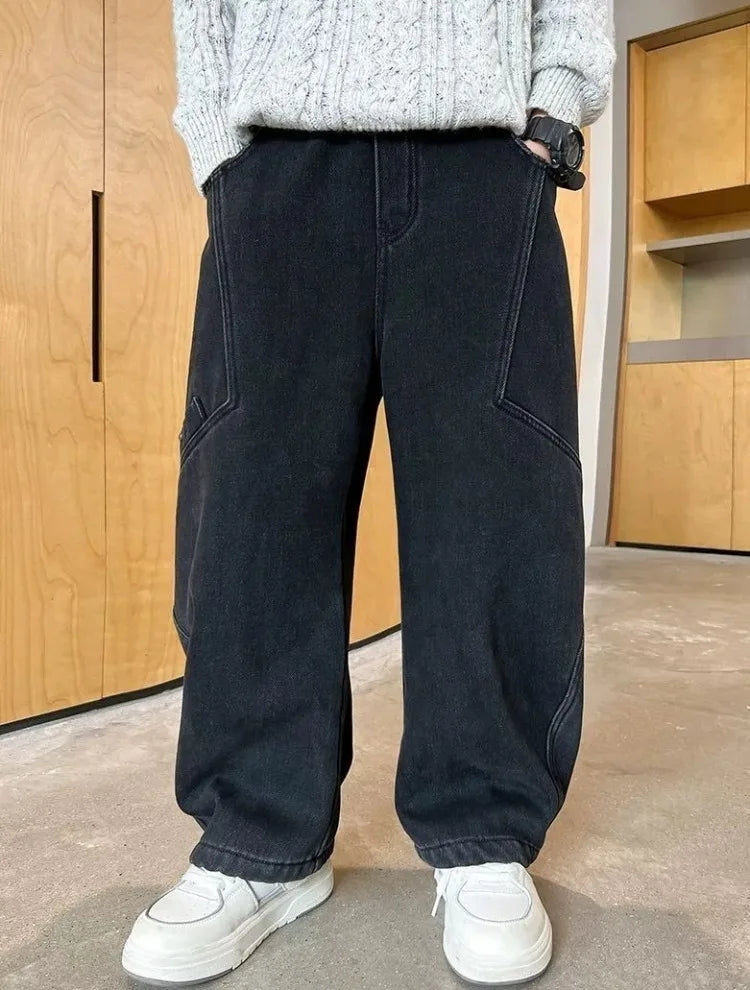 2025 New Boys' Casual Jeans for Kids 6-12 Years Old Autumn Streetwear Jeans with Rips and Rivets, Comfortable Stretchy Fabric