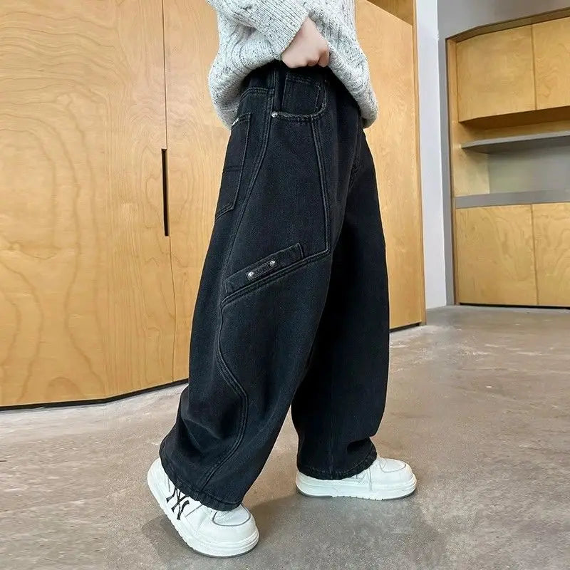 2025 New Boys' Casual Jeans for Kids 6-12 Years Old Autumn Streetwear Jeans with Rips and Rivets, Comfortable Stretchy Fabric