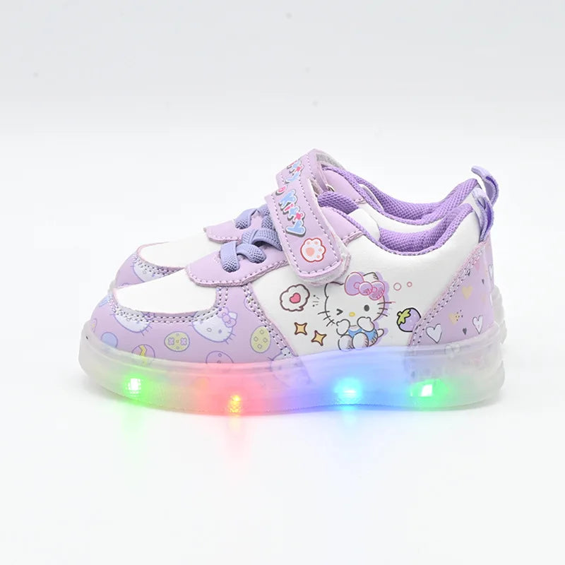 2025 LED Kids Shoes for Girls Cute Cartoon Hello Kitty Shoes Baby Girl Kawaii Canvas Shoes Soft Bottom Sneakers Casual Shoes