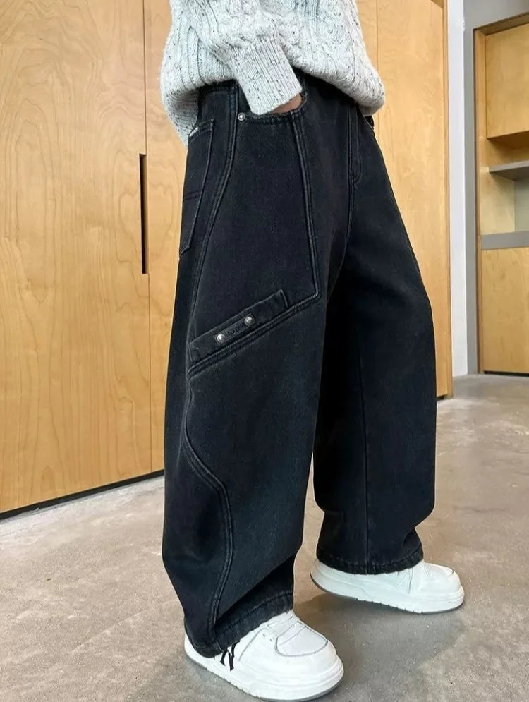 2025 New Boys' Casual Jeans for Kids 6-12 Years Old Autumn Streetwear Jeans with Rips and Rivets, Comfortable Stretchy Fabric