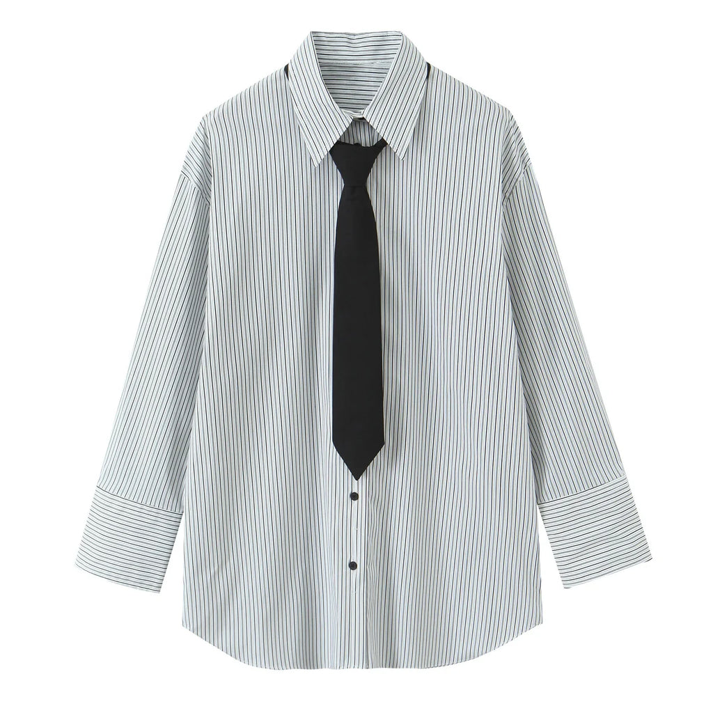 Women Shirt 2025 Women Autumn New Fashion Long Sleeves Button Striped Print Shirt With Tie Women Elegant Leisure Shirt