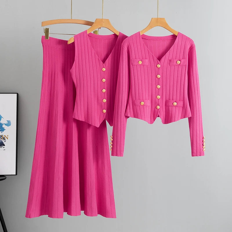 2025 Women Three Piece Sets  Kintted  Vest Pleated Skirt Spring Autumn  Cardigan Top High Waist Skirt New Elegant  Suit