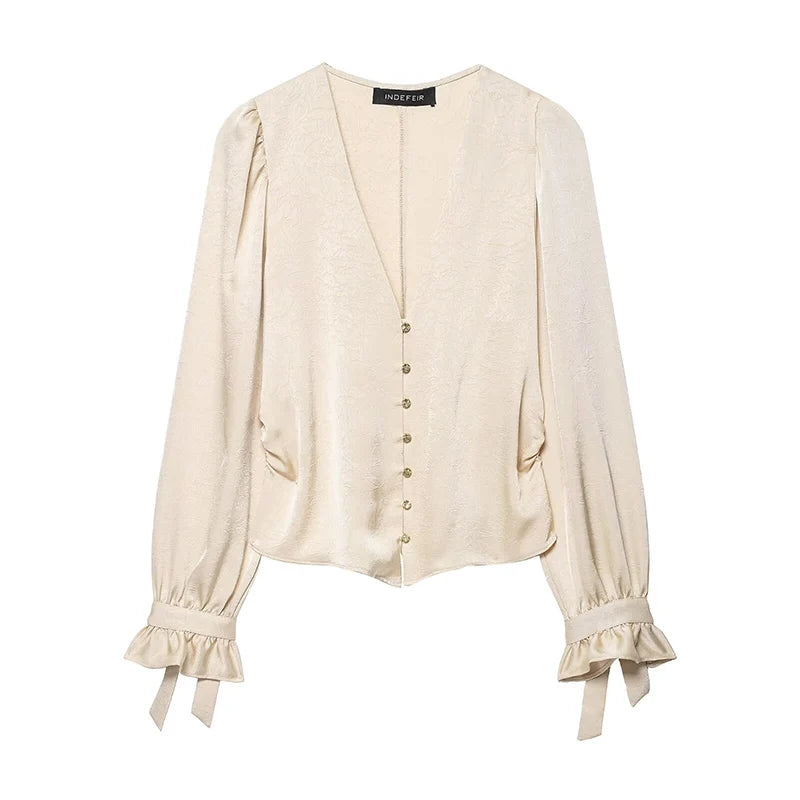 2025 Woman Blouses Wrinkle Effect Elegant Shirts for Women Autumn Long Sleeve Shirt Women Deep V neck Slim Tops Button Up Shirts