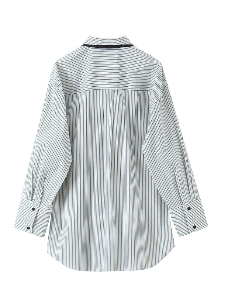 Women Shirt 2025 Women Autumn New Fashion Long Sleeves Button Striped Print Shirt With Tie Women Elegant Leisure Shirt