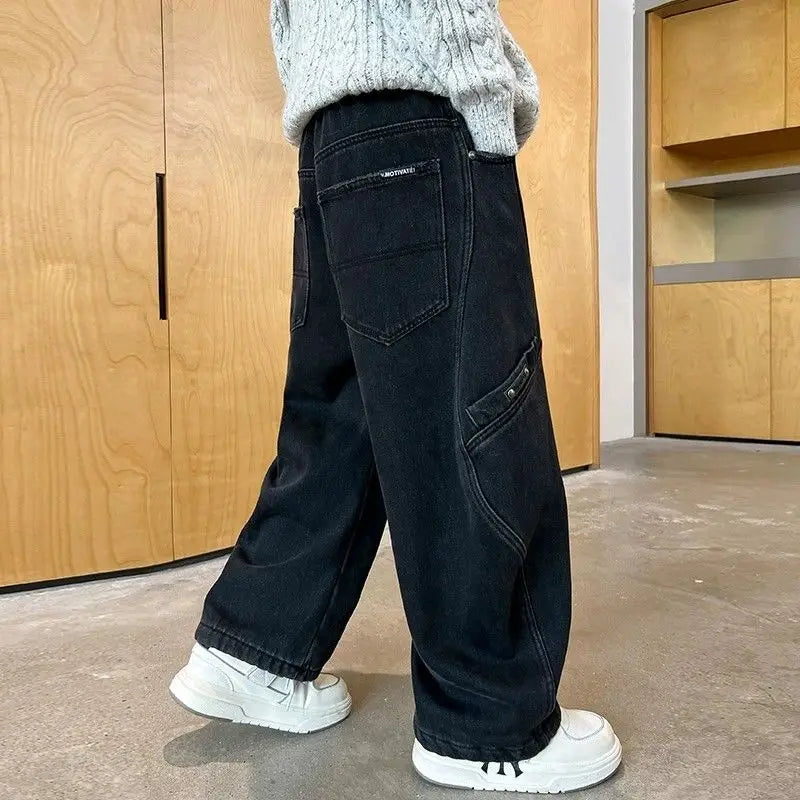 2025 New Boys' Casual Jeans for Kids 6-12 Years Old Autumn Streetwear Jeans with Rips and Rivets, Comfortable Stretchy Fabric