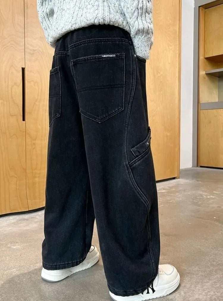 2025 New Boys' Casual Jeans for Kids 6-12 Years Old Autumn Streetwear Jeans with Rips and Rivets, Comfortable Stretchy Fabric