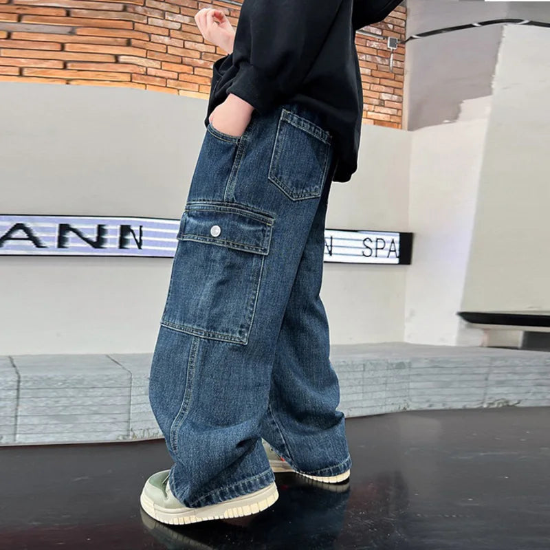 Teen Boys Jeans 2025 New Spring Autumn Pants Children's Straight Trousers Teenager Wide-legged Cargo Pants Kids Loose Clothes