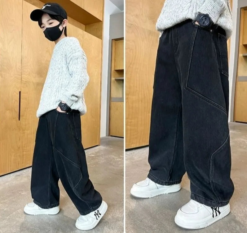 2025 New Boys' Casual Jeans for Kids 6-12 Years Old Autumn Streetwear Jeans with Rips and Rivets, Comfortable Stretchy Fabric