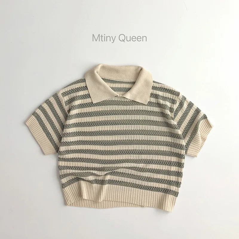 2025 Summer New Children Short Sleeve T Shirts Cotton Kids Lapel Knit Polo Shirt Boys Girls Vintage Striped T Shirts Clothes