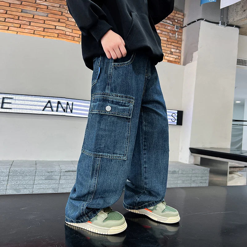 Teen Boys Jeans 2025 New Spring Autumn Pants Children's Straight Trousers Teenager Wide-legged Cargo Pants Kids Loose Clothes