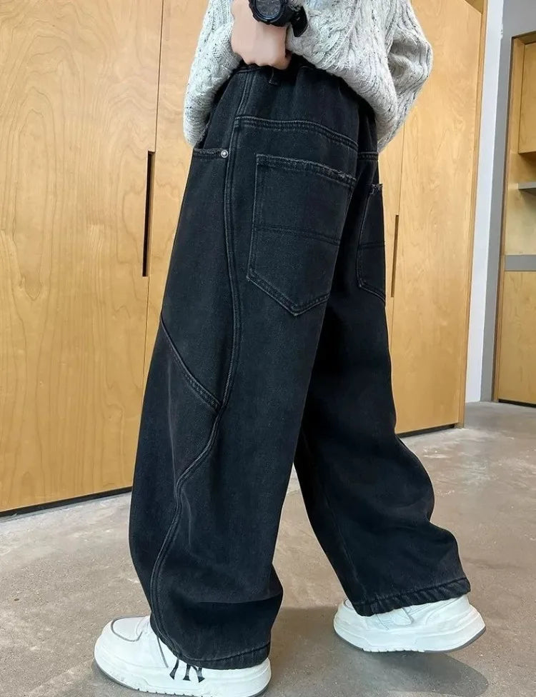 2025 New Boys' Casual Jeans for Kids 6-12 Years Old Autumn Streetwear Jeans with Rips and Rivets, Comfortable Stretchy Fabric