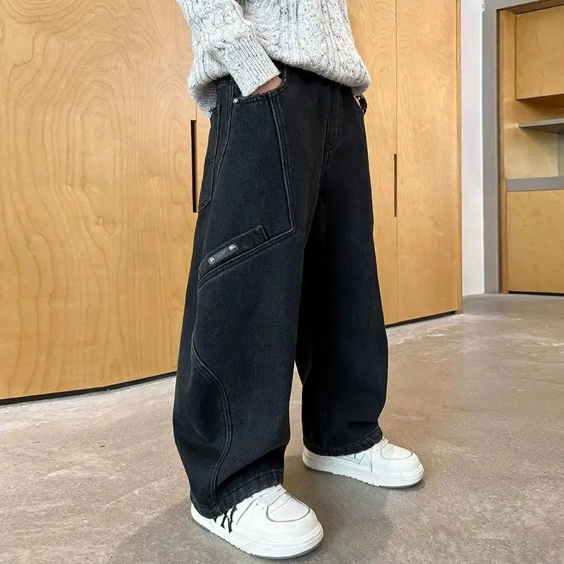 2025 New Boys' Casual Jeans for Kids 6-12 Years Old Autumn Streetwear Jeans with Rips and Rivets, Comfortable Stretchy Fabric