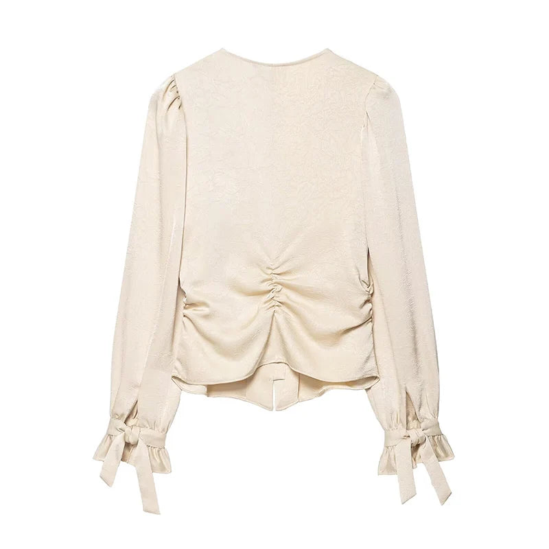 2025 Woman Blouses Wrinkle Effect Elegant Shirts for Women Autumn Long Sleeve Shirt Women Deep V neck Slim Tops Button Up Shirts