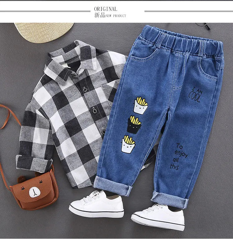 Children Jeans  Boys Cotton Print Splice Stretch Denim Pants Korean Teenage Trousers Wear Kids ClothingDenimRipped Spring Autum