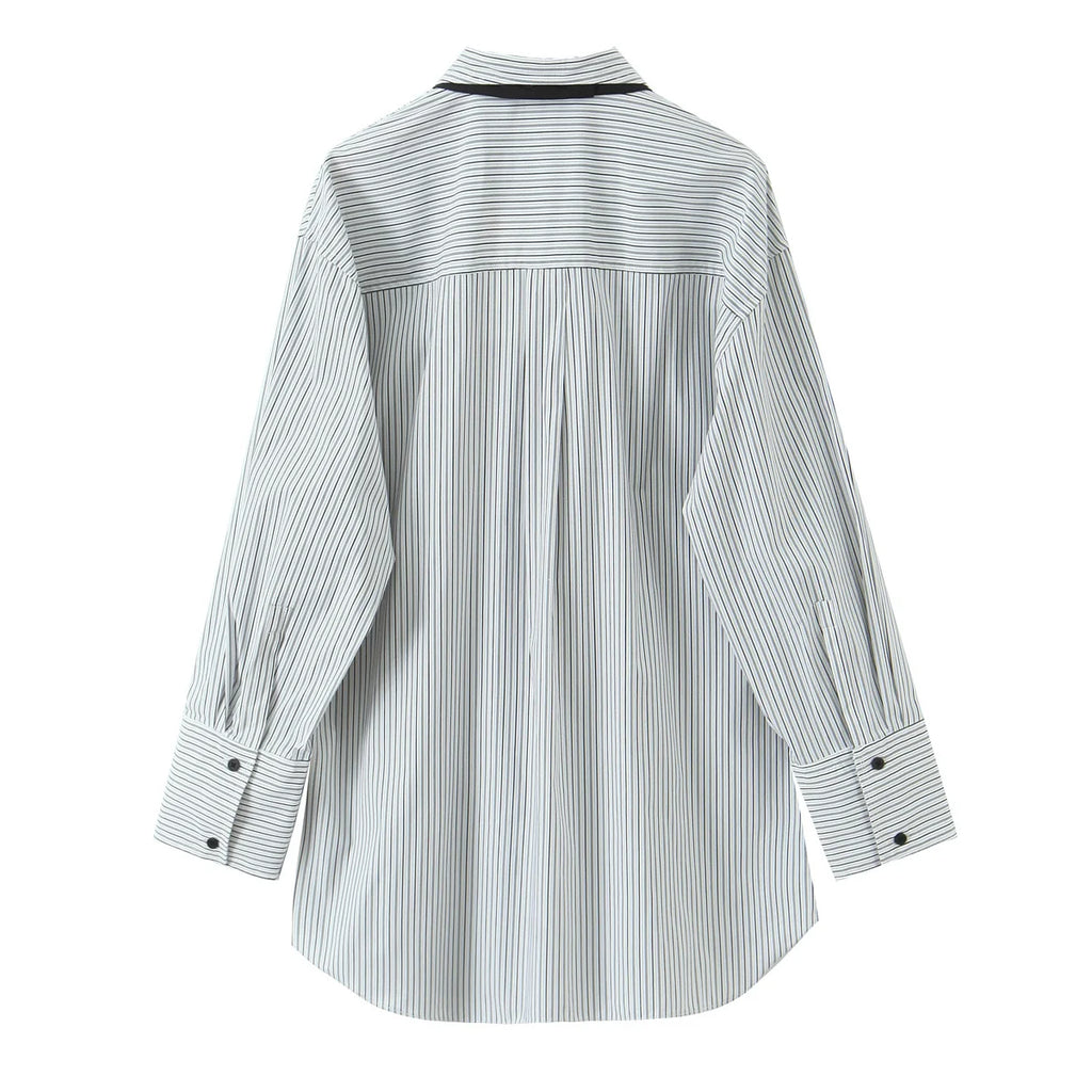Women Shirt 2025 Women Autumn New Fashion Long Sleeves Button Striped Print Shirt With Tie Women Elegant Leisure Shirt