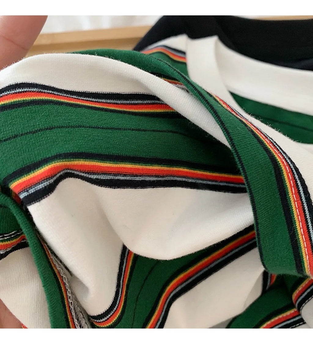 2025 Spring Autumn Kids Boys T-shirts Cotton Striped Loose Sticker Casual Long Sleeve Baby Girls Shirts Toddler Boys Tops