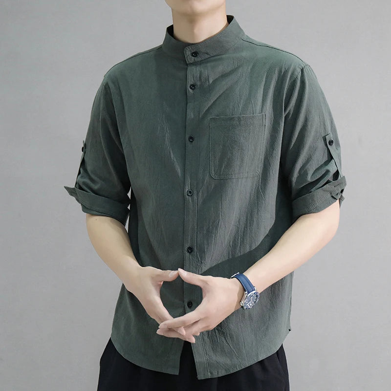 2025 Men Shirt Solid Color 3/4 Sleeves Spring Shirt Loose Stand Collar Male Office Shirt Buttons Placket Men Over Shirt for Work