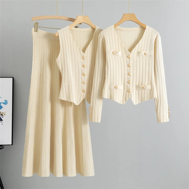 2025 Women Three Piece Sets  Kintted  Vest Pleated Skirt Spring Autumn  Cardigan Top High Waist Skirt New Elegant  Suit