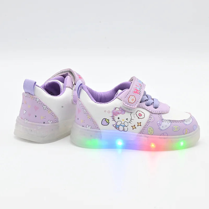 2025 LED Kids Shoes for Girls Cute Cartoon Hello Kitty Shoes Baby Girl Kawaii Canvas Shoes Soft Bottom Sneakers Casual Shoes